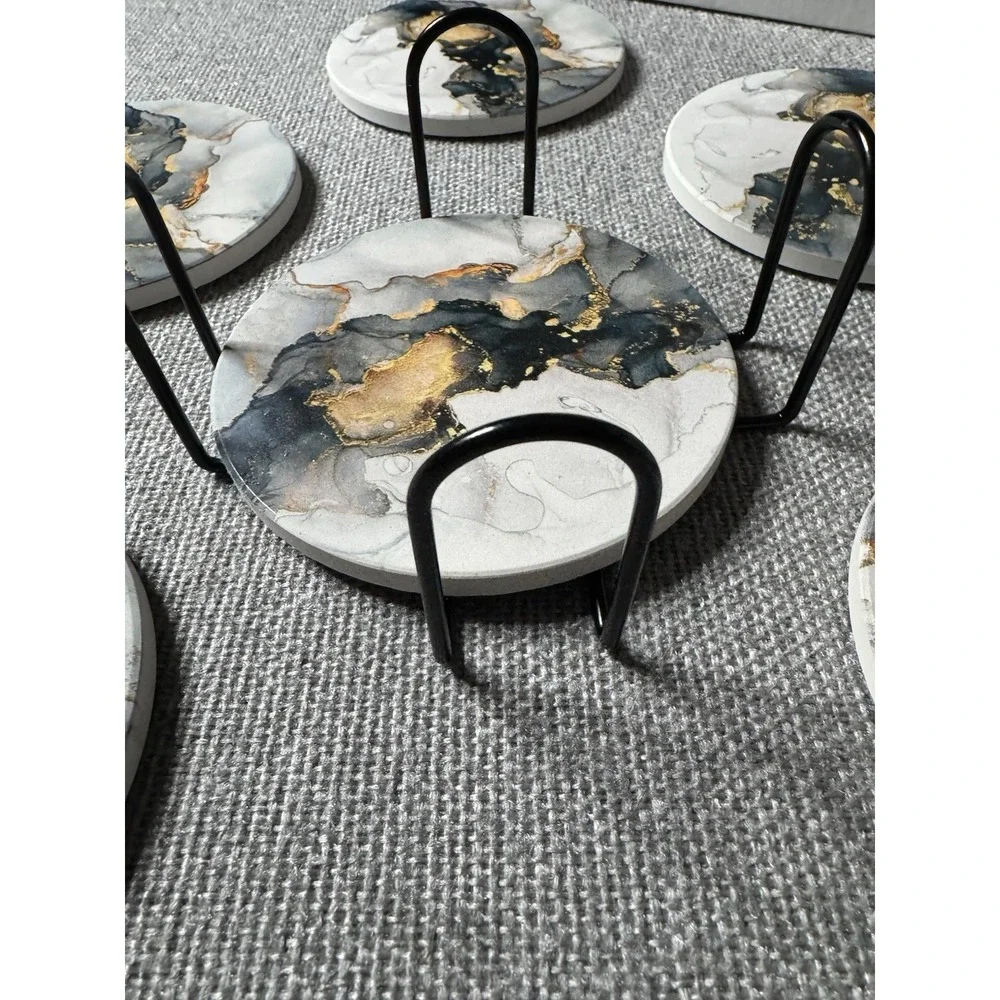 Gray, Blue, Gold Marble Round Coasters With Holder Set Of 6 Absorbs Moisture Set